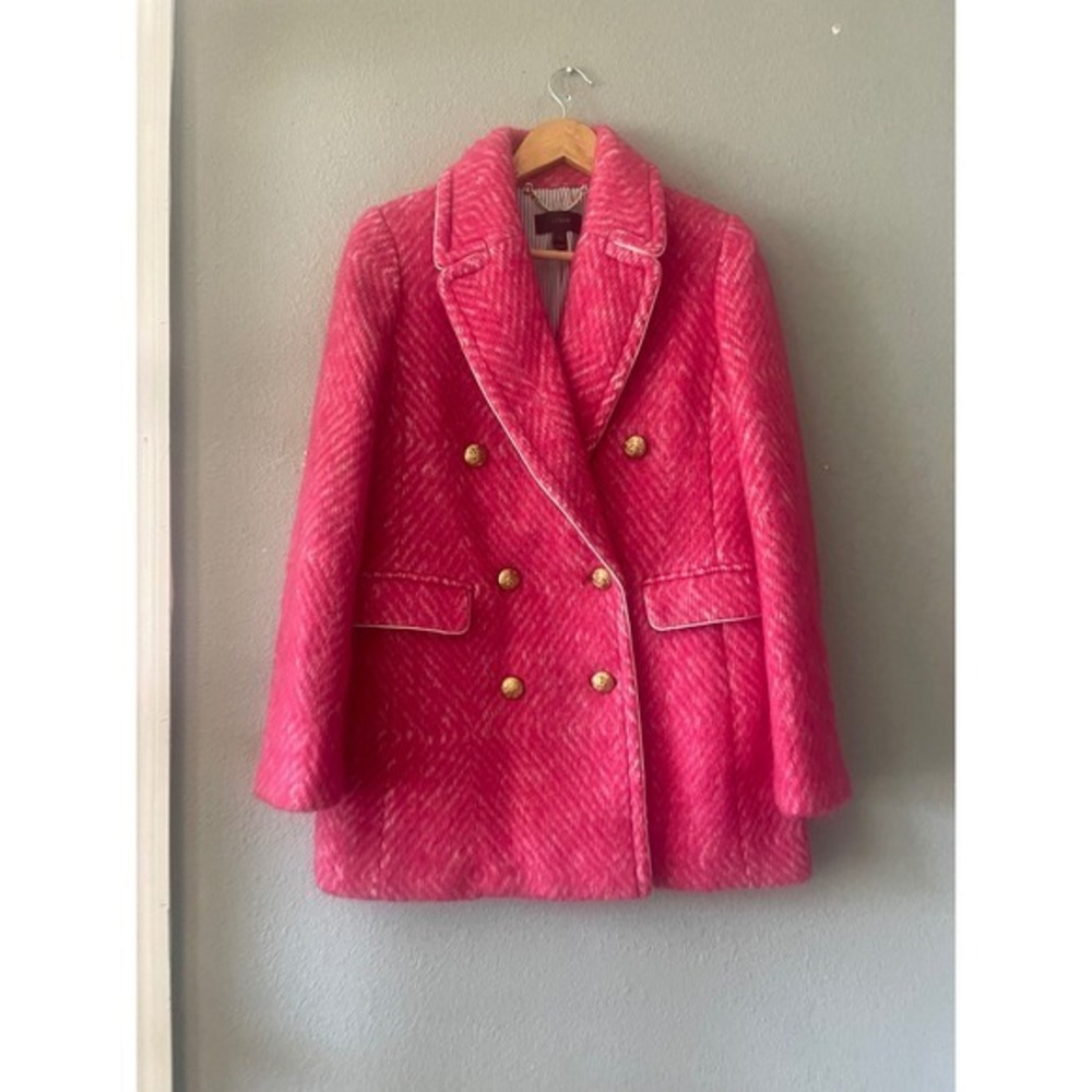 J.Crew Pink Herringbone Tweed Double Breasted Blazer Gold Crest Buttons - Picture 9 of 16